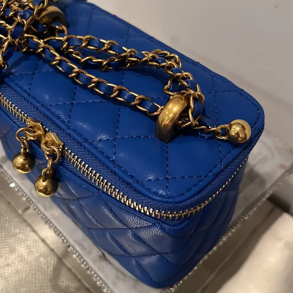Handbag Quilted Royal Blue Make up Bag Leather 7”x4”x3”_4